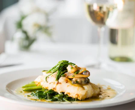 Elegant seafood dish in gourmet hotel restaurant setting.