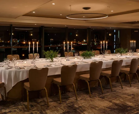 Elegant dining room set for a gathering at The Galmont Hotel & Spa.