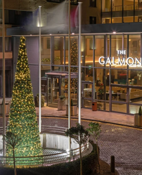 Festive tree lights up entrance of The Galmont Hotel at night. Families enjoy cosy lobby.
