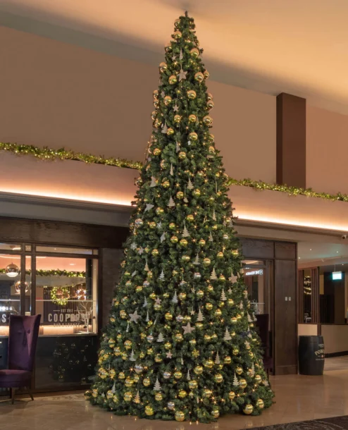 Festive Christmas tree in The Galmont Hotel & Spa lobby, setting a welcoming holiday atmosphere.
