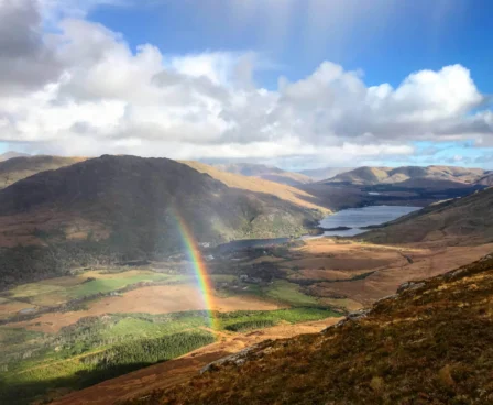 Family enjoys scenic rainbow view over Irish countryside from The Galmont Hotel & Spa.