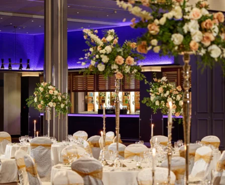 Elegant wedding reception at The Galmont Hotel with floral decor and ambient lighting.