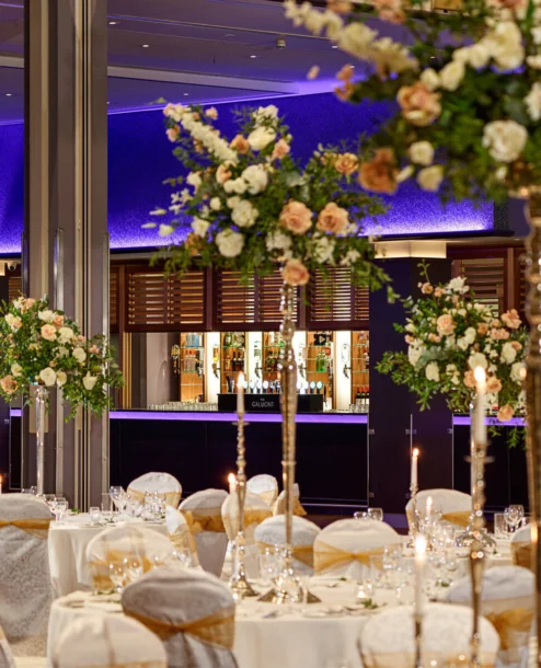 Elegant wedding reception at The Galmont Hotel with floral decor and ambient lighting.