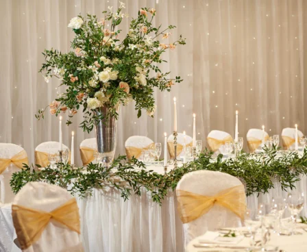 Elegant wedding reception set-up with floral centrepieces and candlelit ambiance at The Galmont.