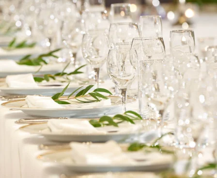 Elegant table setting with greenery and crystal glassware at The Galmont Hotel & Spa.