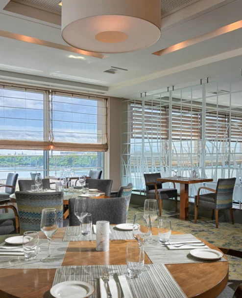 Elegant dining area with sea views at The Galmont Hotel & Spa.
