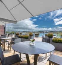Outdoor terrace at The Galmont Hotel & Spa overlooking Lough Atalia