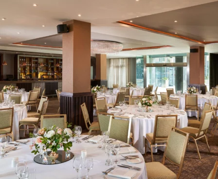 Elegant event space with round tables set for a family gathering at The Galmont Hotel & Spa.