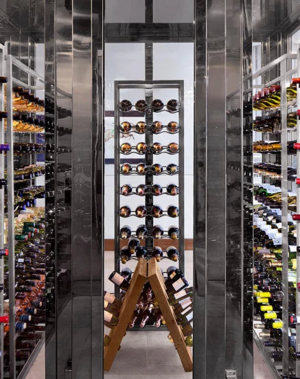 Luxurious wine cellar at The Galmont Hotel, stocked with diverse wine selections.