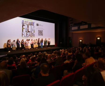 Guests enjoy a film screening at a theatre event, with a lively audience seated.