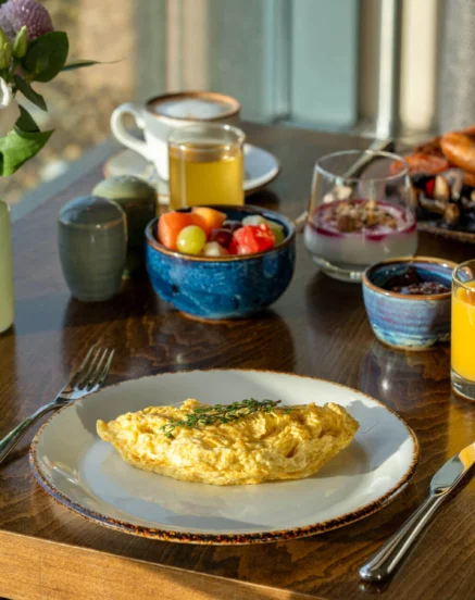 A delightful breakfast spread in The Galmont Hotel's sunlit dining area.