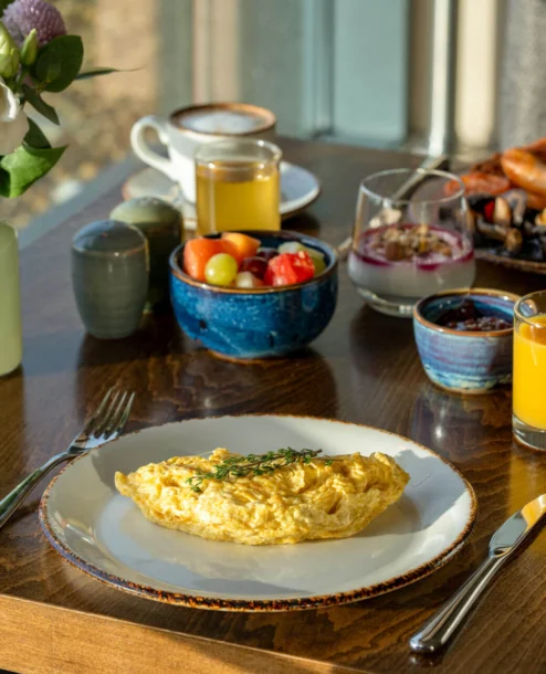 A delightful breakfast spread in The Galmont Hotel's sunlit dining area.