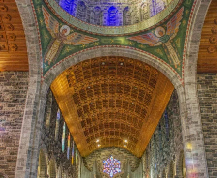 Family admiring vibrant cathedral interior with stained glass.