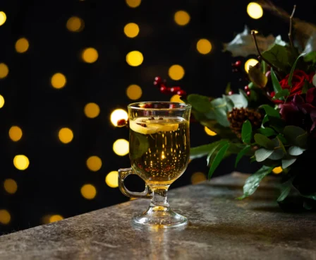 Warm drink on table with festive lights and flowers, creating a cosy ambience.