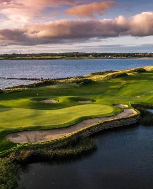 Scenic golf course by the sea at sunset near The Galmont Hotel & Spa.
